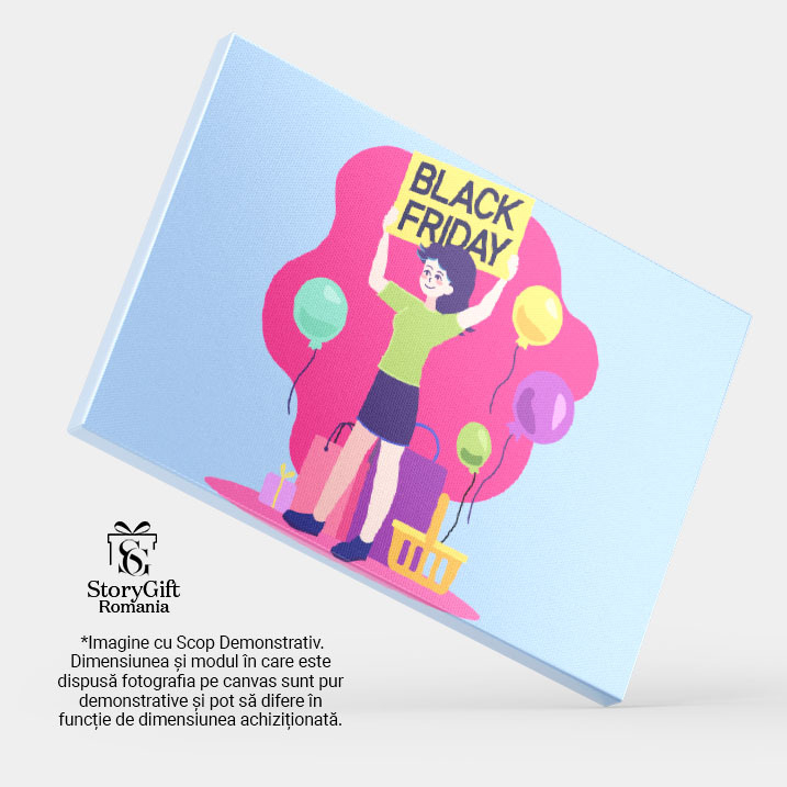 Tablou Canvas Marea Reclama la Reducerile de Black Friday ale Fetei cu Tricou Verde si Fusta langa Baloane 40x25CM [4]