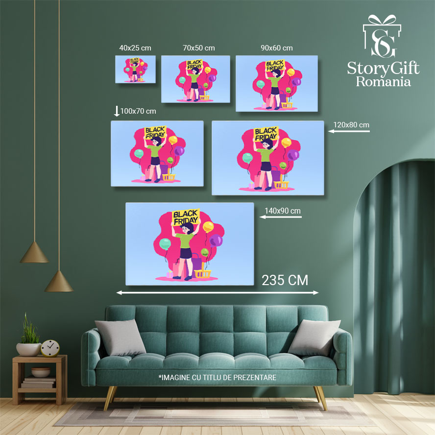 Tablou Canvas Marea Reclama la Reducerile de Black Friday ale Fetei cu Tricou Verde si Fusta langa Baloane 40x25CM [5]