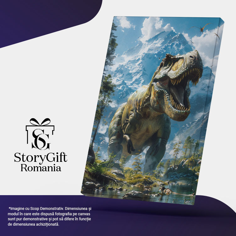Tablou Canvas  Marele Dinozaur Inspaimantator Prinde Pasarile care Zboara cu Munti Inzapeziti in Spate , Pictura Digitala 40x25CM [5]