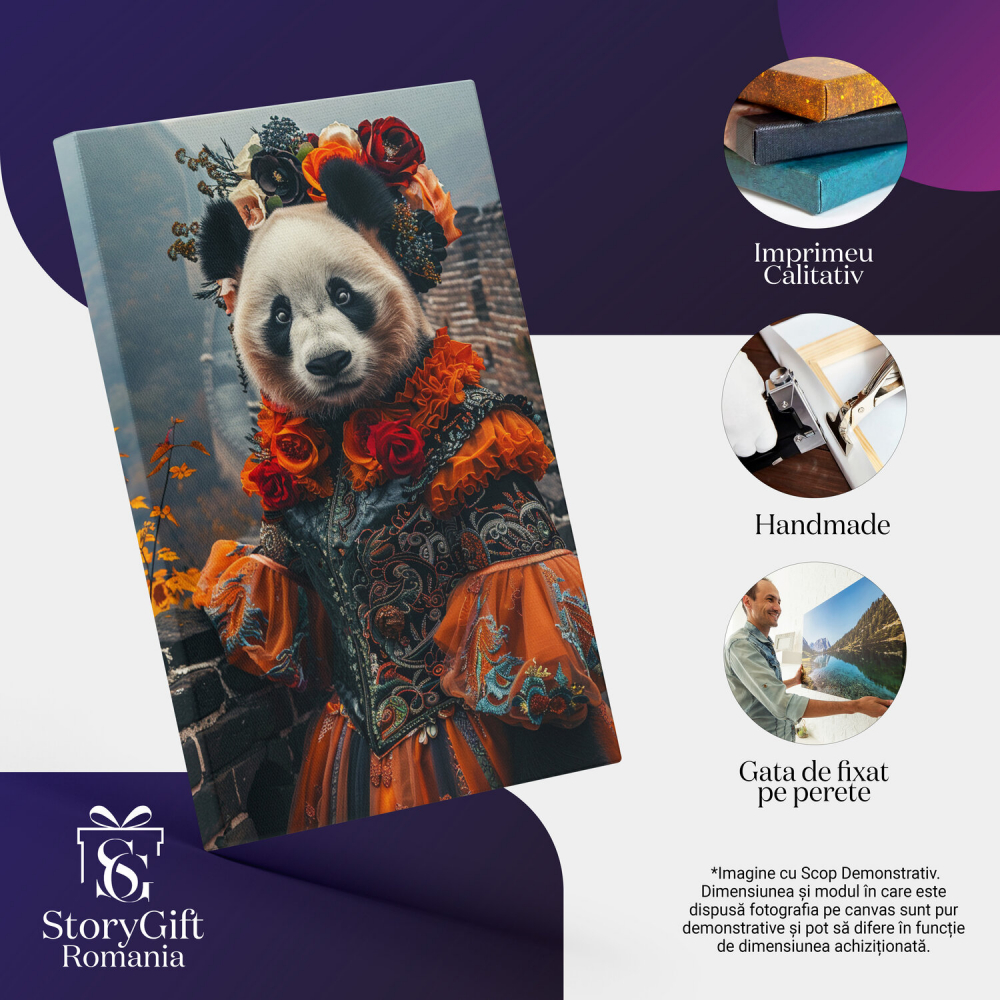 Tablou Canvas Ursoaica Panda cu Coronită pe Marele Zid Chinezesc | Pictură Digitală, Marime 40x25CM [2]