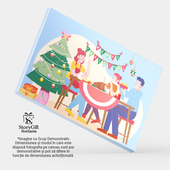 Tablou Canvas Masa de Craciun in Familie, Mama cu Sortul Rosu si Tatal langa Fetita Frumoasa cu Bradul de Craciun 40x25CM [4]