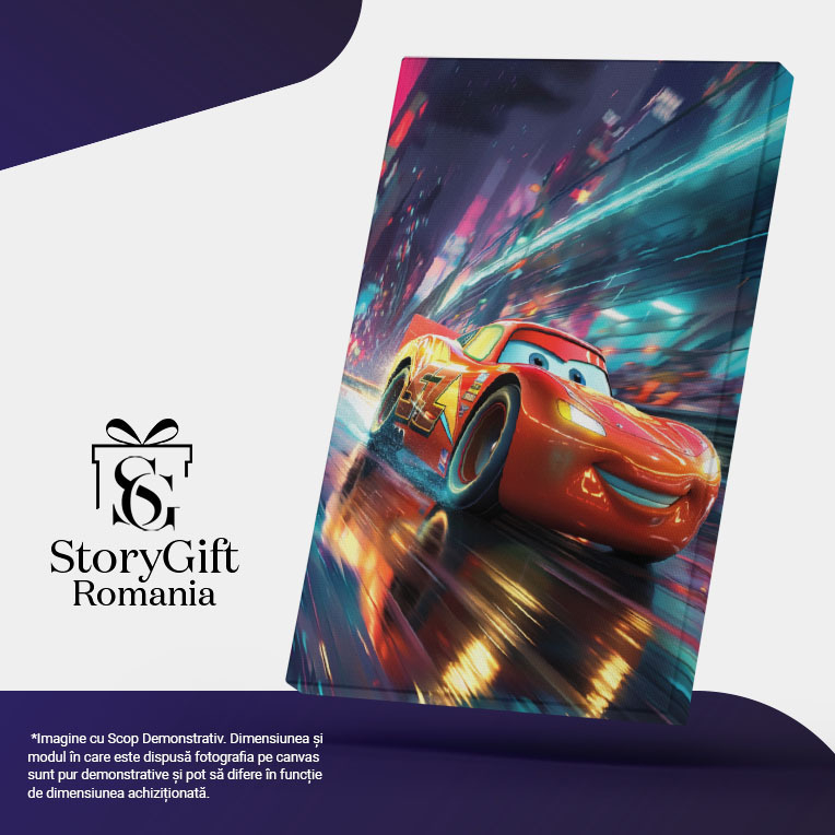 Tablou Canvas:  Masina Agera Fulger McQueen, Furia Rosie pe Strada Umeda si Ochii Albastri  Pictura Digitala 40x25CM [5]