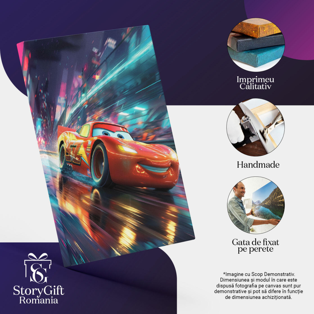 Tablou Canvas:  Masina Agera Fulger McQueen, Furia Rosie pe Strada Umeda si Ochii Albastri  Pictura Digitala 40x25CM [3]