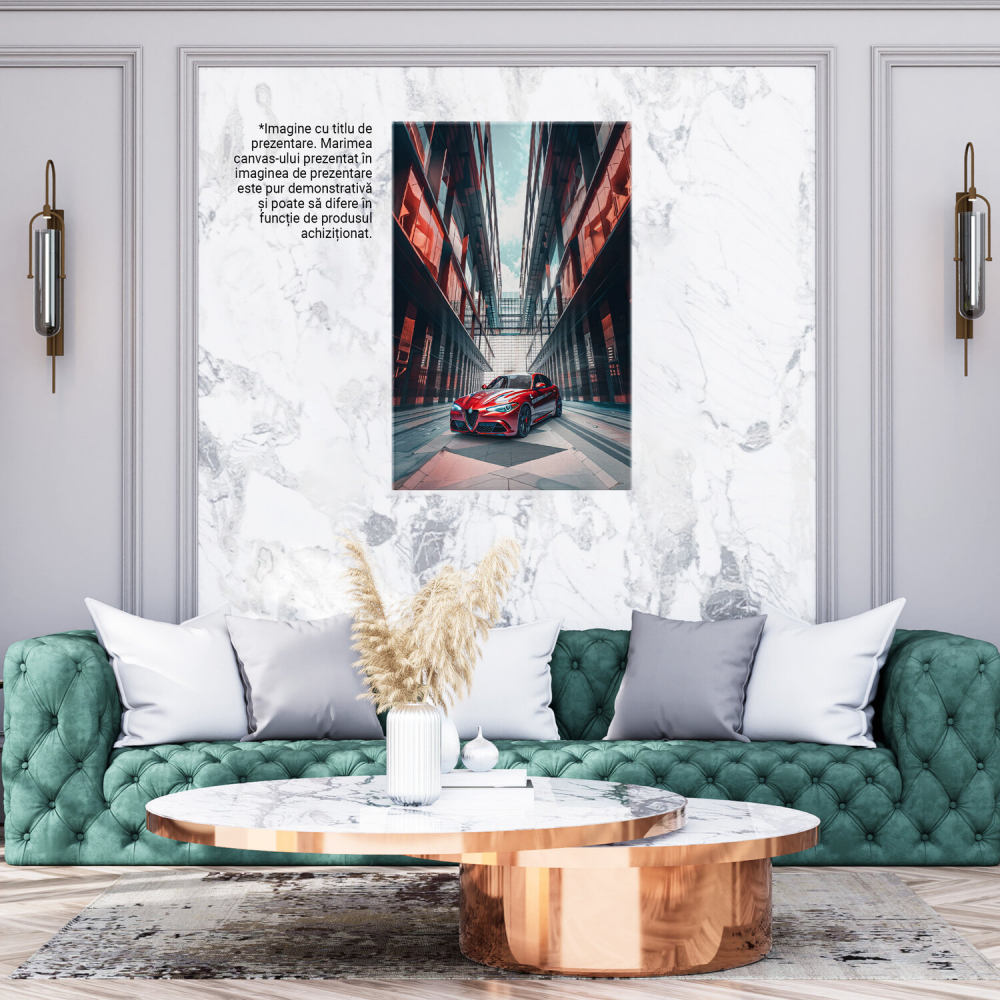 Alfa Romeo GTA Roșie Parcata între Clădiri cu Geamuri-Oglindă – Pictură Digitală, Marime 40x25CM [3]
