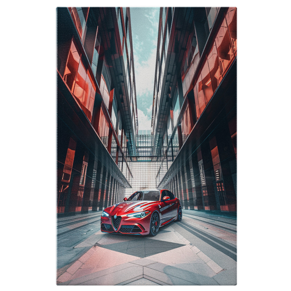 Alfa Romeo GTA Roșie Parcata între Clădiri cu Geamuri-Oglindă – Pictură Digitală, Marime 40x25CM [1]