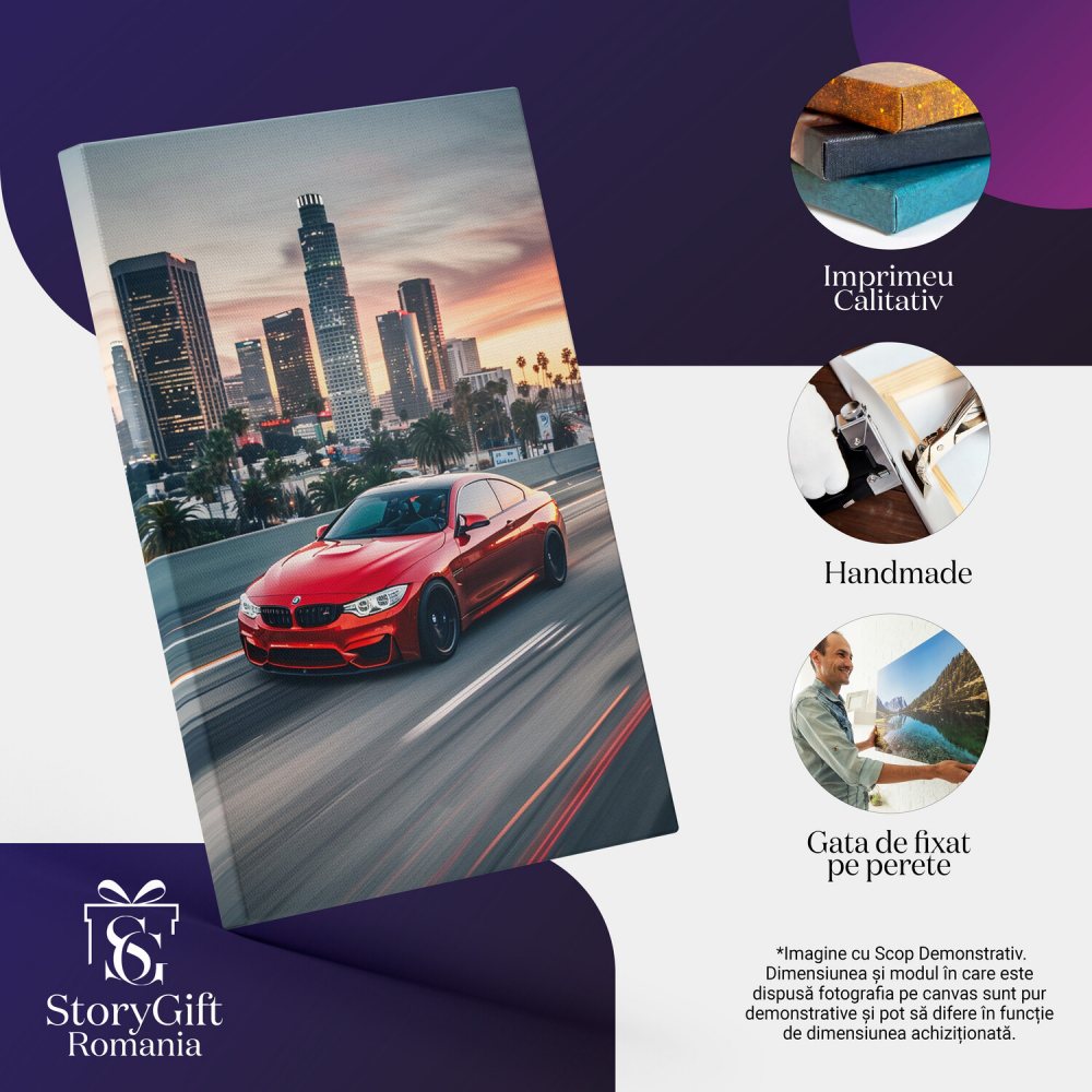 Tablou Canvas - BMW Roșie în Viteză pe Stradă cu Clădiri și Palmieri, Marime 40x25CM [2]