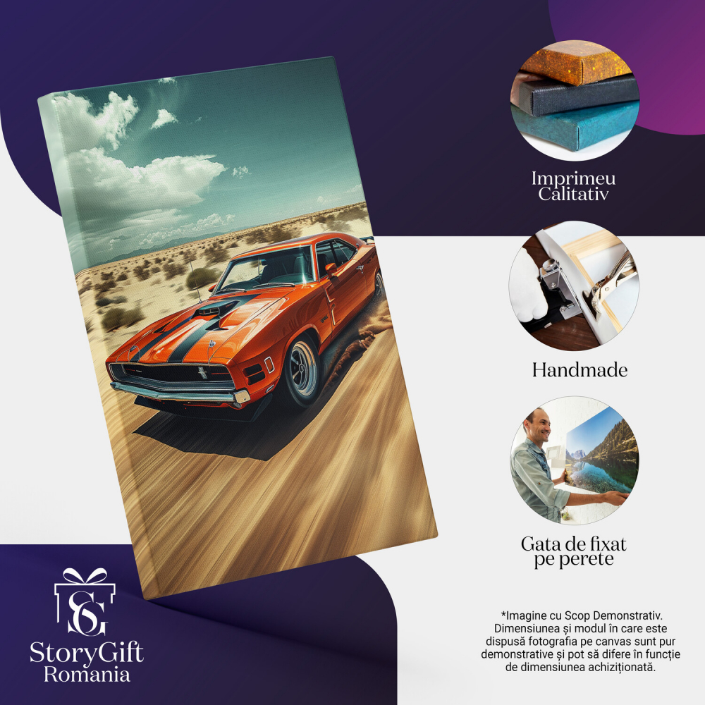 Tablou Canvas Mașină Portocalie de Colecție pe Drum Pustiu - Artă Digitală, Marime 40x25CM [2]