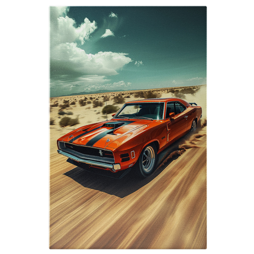 Tablou Canvas Mașină Portocalie de Colecție pe Drum Pustiu - Artă Digitală, Marime 40x25CM [1]