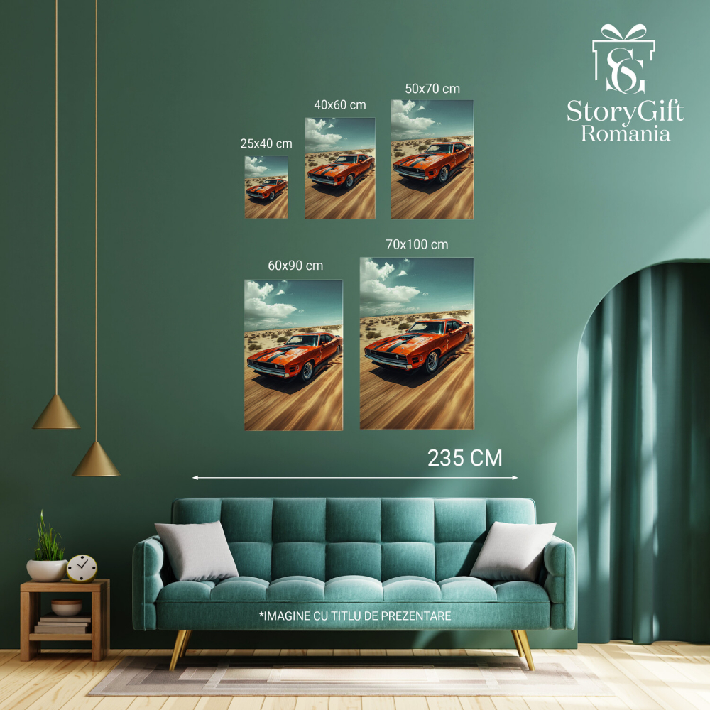 Tablou Canvas Mașină Portocalie de Colecție pe Drum Pustiu - Artă Digitală, Marime 40x25CM [4]