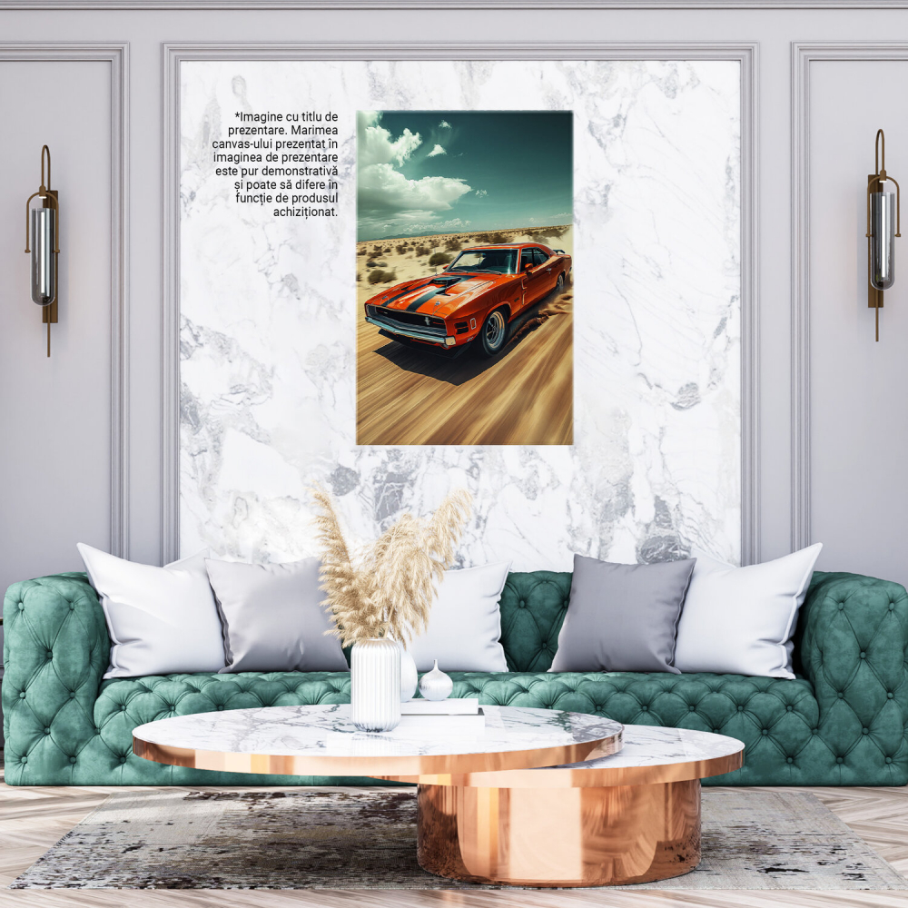 Tablou Canvas Mașină Portocalie de Colecție pe Drum Pustiu - Artă Digitală, Marime 40x25CM [3]