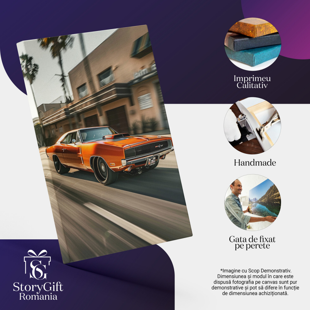 Mașină de Epocă Portocalie pe Stradă cu Palmieri - Tablou Canvas, Marime 40x25CM [2]