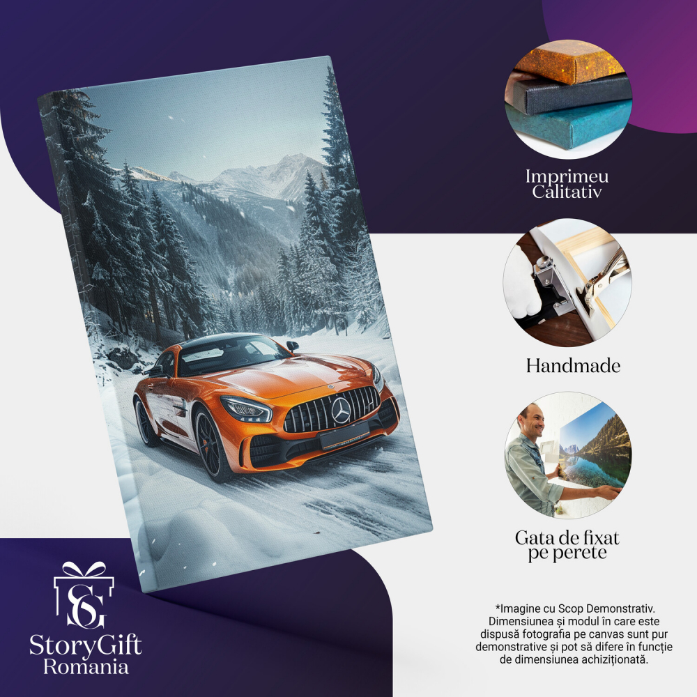 Tablou Canvas Mercedes Portocalie pe Drum Înghețat în Pădure, Marime 40x25CM [2]