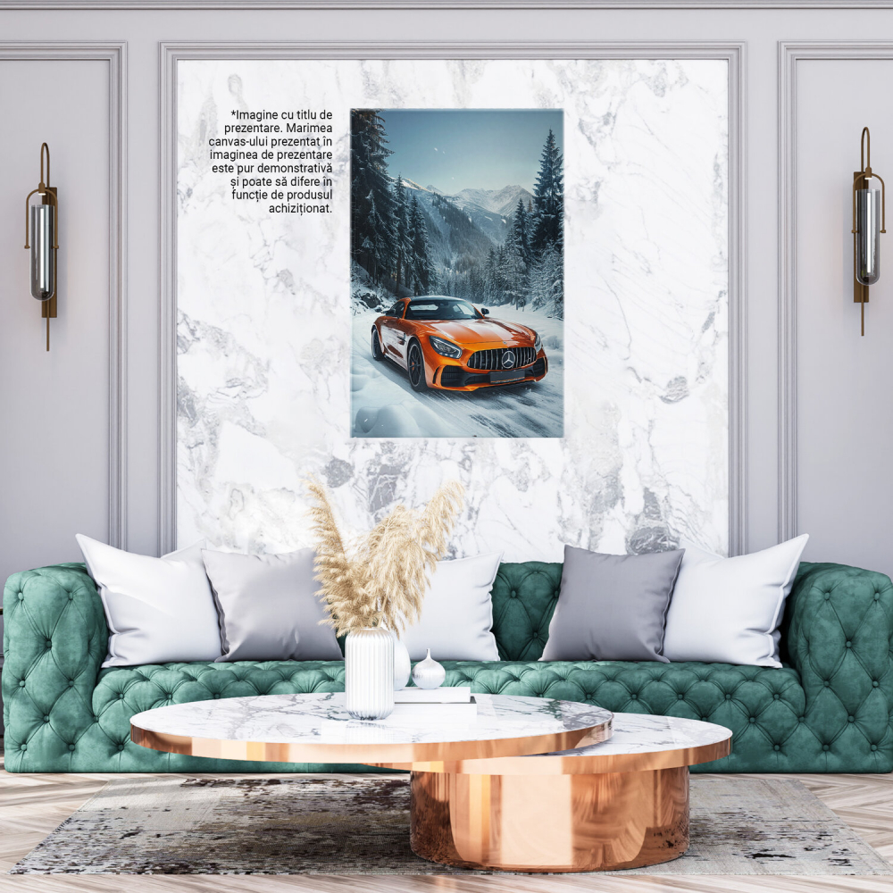 Tablou Canvas Mercedes Portocalie pe Drum Înghețat în Pădure, Marime 40x25CM [3]