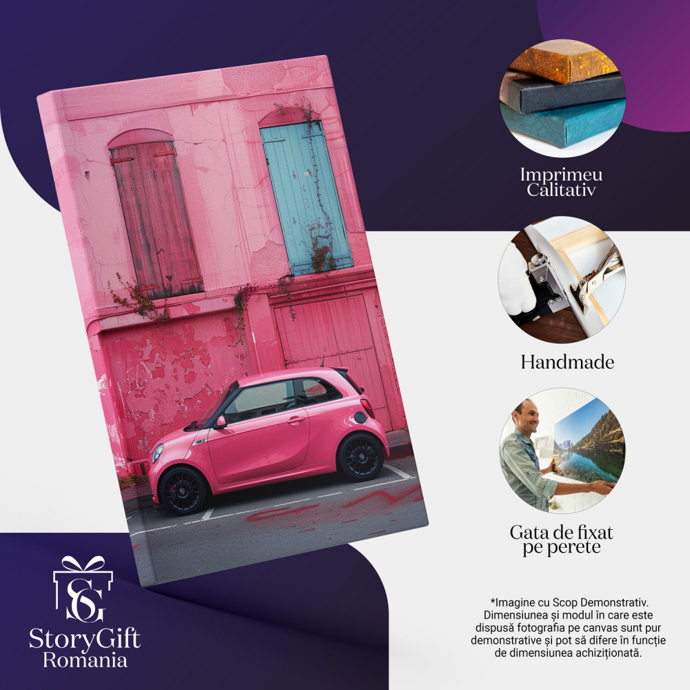 Mașină Mică Roz Barbie lângă Perete Vechi Roz cu Ușă Albastră, Marime 40x25CM [2]