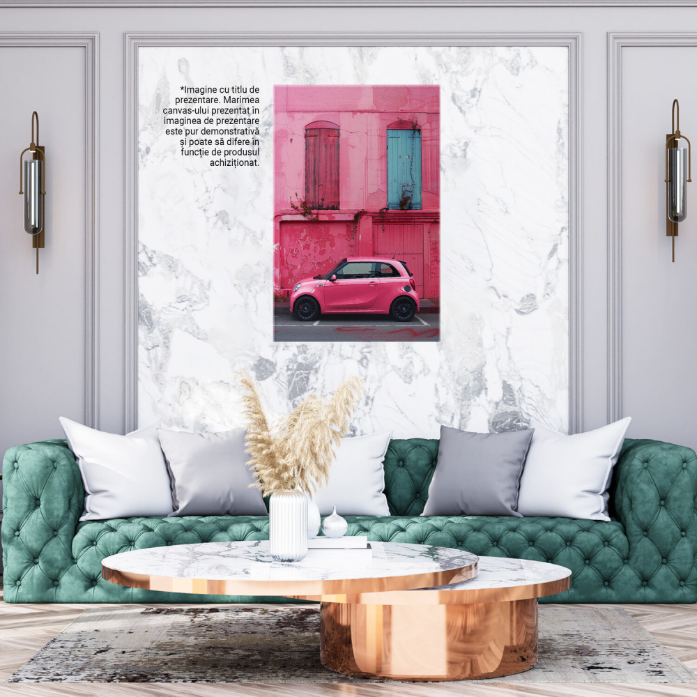 Mașină Mică Roz Barbie lângă Perete Vechi Roz cu Ușă Albastră, Marime 40x25CM [3]