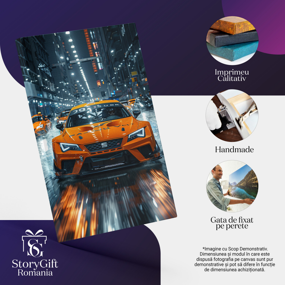 Mașină Sport Seat Portocalie pe Stradă Ploioasă, Marime 40x25CM [2]