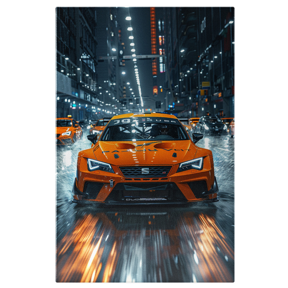 Mașină Sport Seat Portocalie pe Stradă Ploioasă, Marime 40x25CM [1]