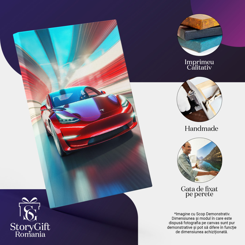Tablou Canvas:  Masina Tesla rosie mergand cu viteza - abstract Pictura Digitala 40x25CM [3]