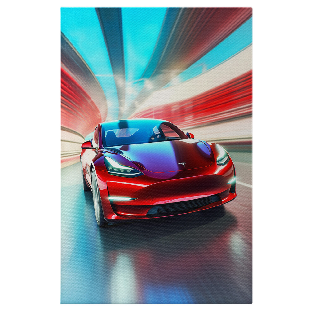 Tablou Canvas Mașină Tesla Roșie în Viteză | Pictură Digitală Abstractă, Marime 40x25CM [1]