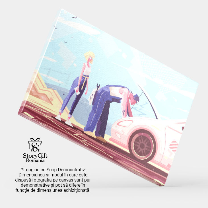 Tablou Canvas Mecanic in Salopeta Albastra care Repara o Masina Stricata pe Drum a Femeii Blonde cu Ochelari 40x25CM [4]