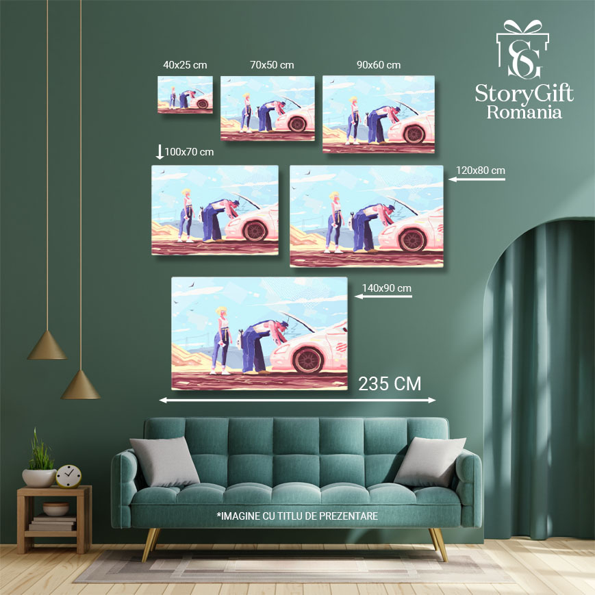 Tablou Canvas Mecanic in Salopeta Albastra care Repara o Masina Stricata pe Drum a Femeii Blonde cu Ochelari 40x25CM [5]