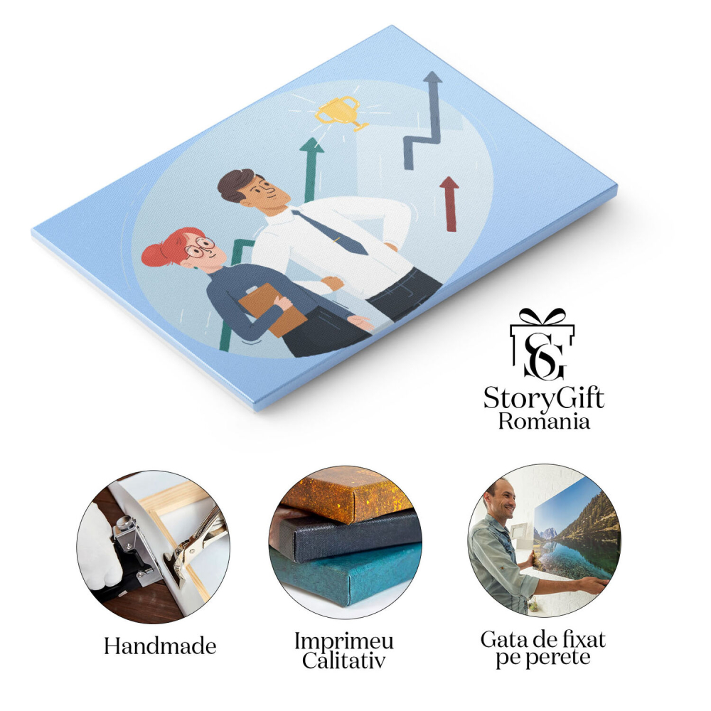 Tablou Canvas Membrii Mandrii ai Firmei la Realizarile si Profitului cu Sageti Colorate si Cupa Aurie 40x25CM [2]