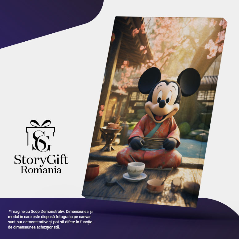 Tablou Canvas:  Mickey Japonez care Bea Ceaiul in fata Templului langa Raul Micut si Relaxant Pictura Digitala 40x25CM [5]