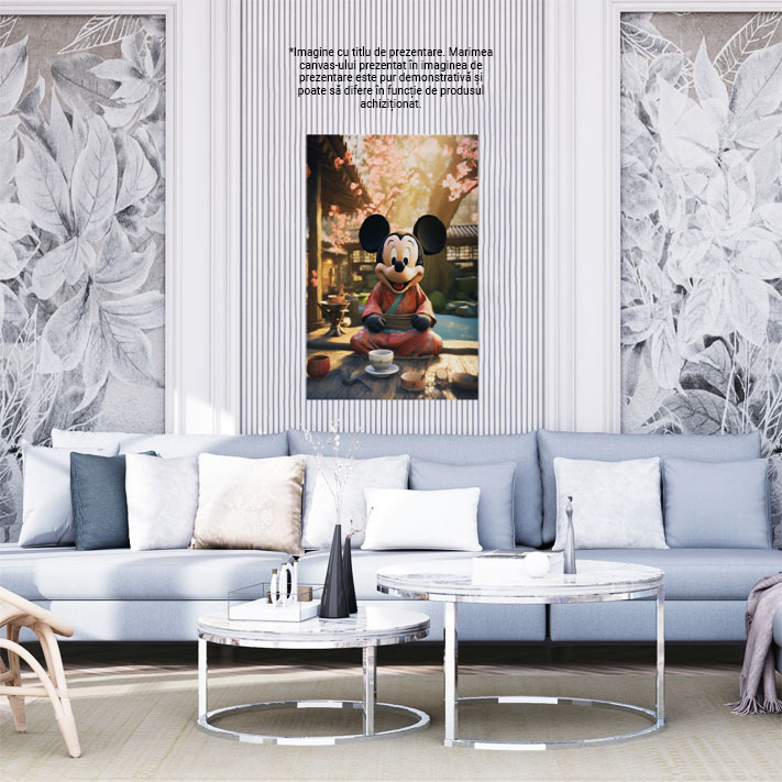 Tablou Canvas:  Mickey Japonez care Bea Ceaiul in fata Templului langa Raul Micut si Relaxant Pictura Digitala 40x25CM [2]