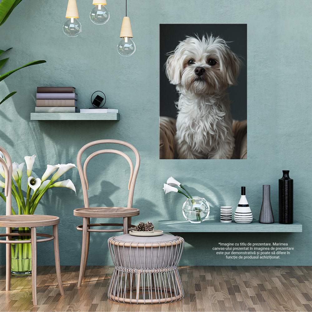 Tablou Canvas  Micul Catel Alb care sta pe Fotoliu cu Ochii Negri Luminosi si Nasul Mic se uita Atent  , Pictura Digitala 40x25CM [5]