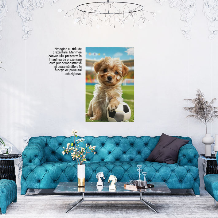 Tablou Canvas Micul Yorkshire Terier se Joacă pe Stadionul Verde cu Mingea de Fotbal , Pictura Digitala 40x25CM [2]