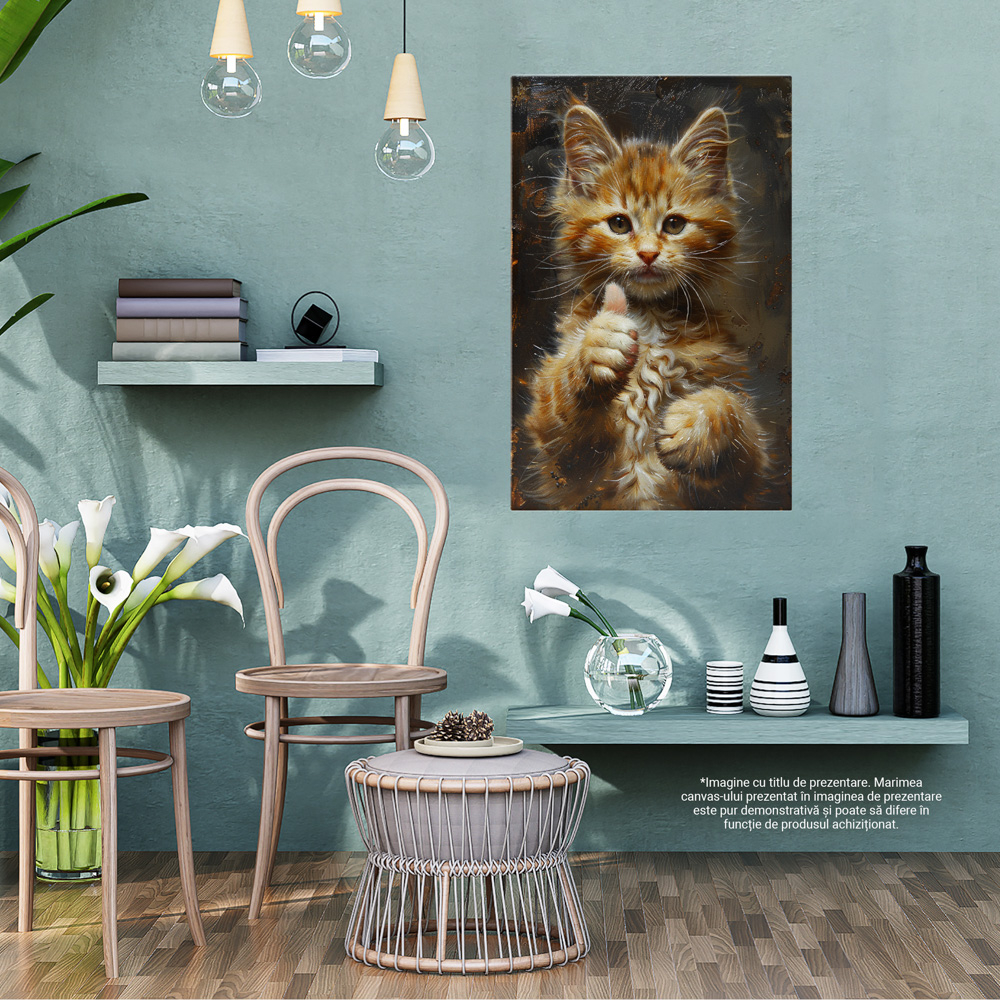 Pisicuță Alb-Portocalie cu Ochi Verzi și Semnul OK, Marime 40x25CM [4]