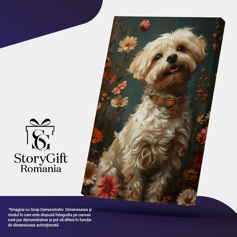 Tablou Canvas  Micutul Caine Alb cu Zgarda Maro si Ochii Rotunzi Caprui Incercuit de Floricele Parfumate , Pictura Digitala 40x25CM [5]