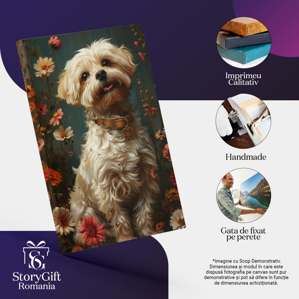 Tablou Canvas  Micutul Caine Alb cu Zgarda Maro si Ochii Rotunzi Caprui Incercuit de Floricele Parfumate , Pictura Digitala 40x25CM [3]