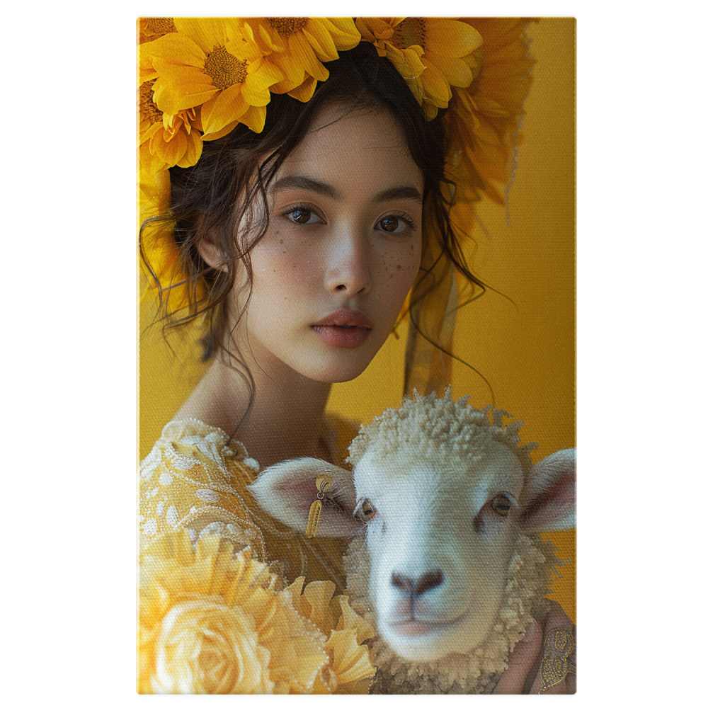 Tablou Canvas Miel cu Ochii Căprui și Lana Pufoasă lângă Fata Îmbrăcată în Galben, Marime 40x25CM [1]