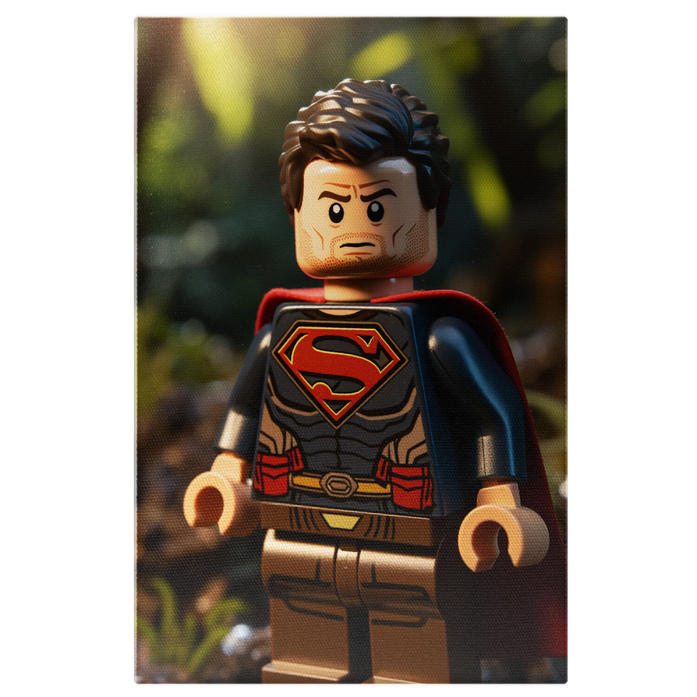 Tablou Canvas - Minifigurina Lego Superman cu Ochii Negri și Pelerină în Natură, Marime 40x25CM [1]