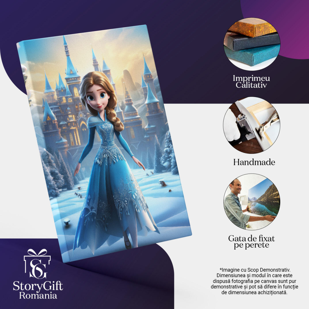 Tablou Canvas:  Minunata Elsa cu Parul Blond si Ochii Mari in Rochie de Gheata Albastra Plimbandu-se in Curtea Regatului Pictura Digitala 40x25CM [3]