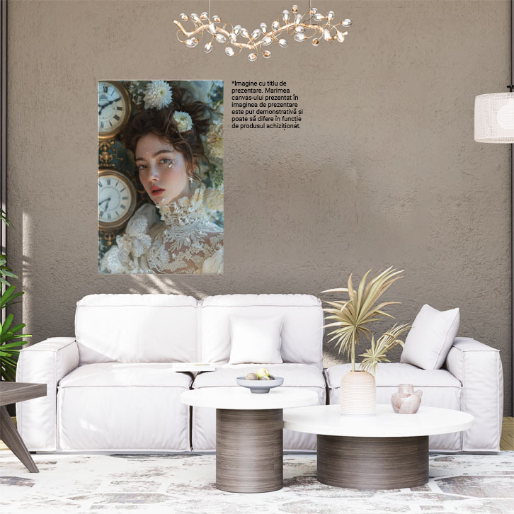 Tablou Canvas  Minunata Tanara cu Parul Saten si Ochii Blanzi cu Pistrui langa un Perete cu Ceasuri in Rochie , Pictura Digitala 40x25CM [2]