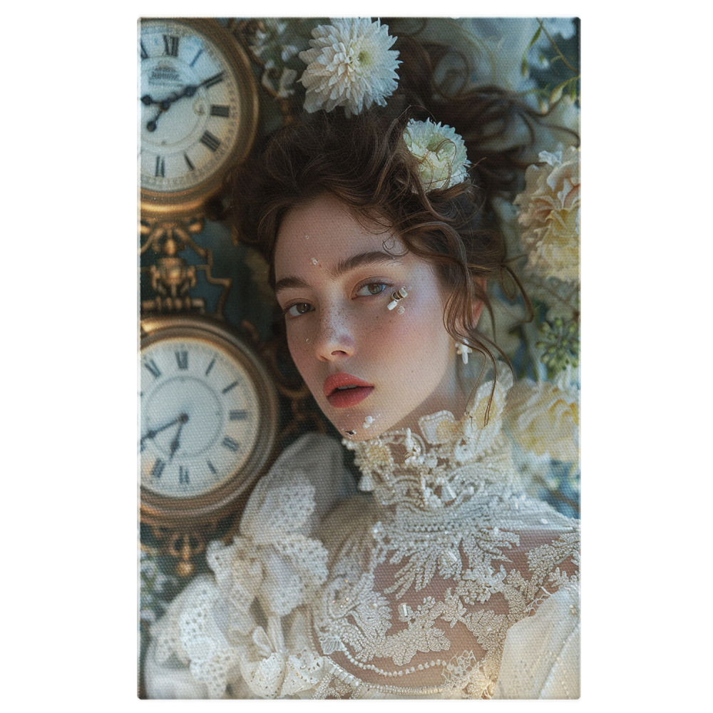 Tablou Canvas Femeie cu Păr Șaten și Pistrui lângă Ceasuri - Artă Digitală Decorativă, Marime 40x25CM [1]