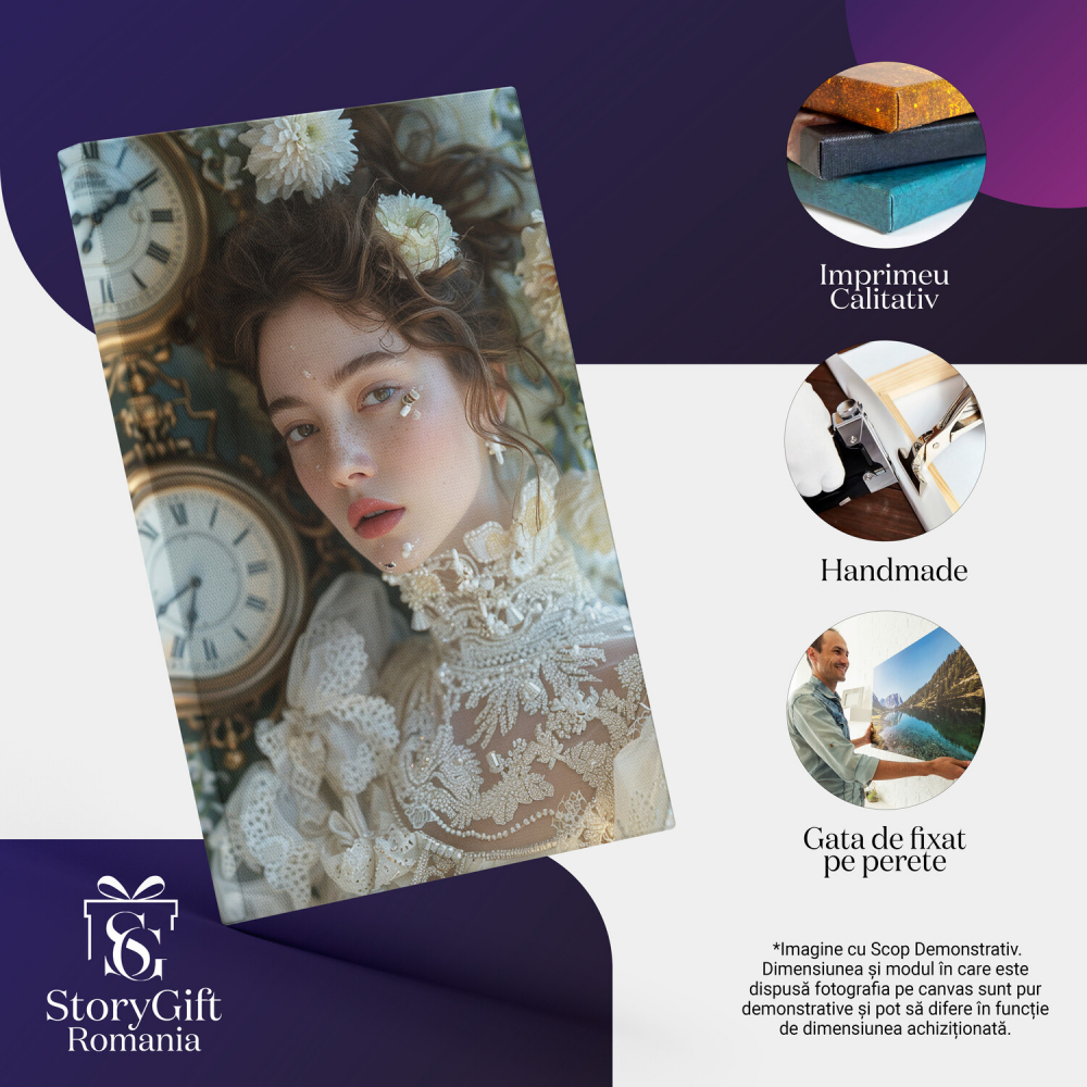 Tablou Canvas Femeie cu Păr Șaten și Pistrui lângă Ceasuri - Artă Digitală Decorativă, Marime 40x25CM [2]