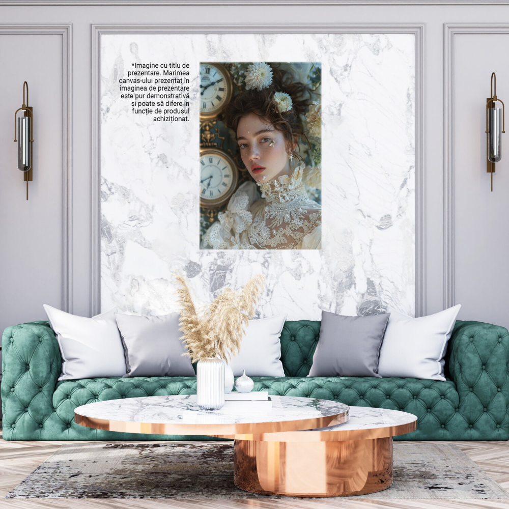 Tablou Canvas Femeie cu Păr Șaten și Pistrui lângă Ceasuri - Artă Digitală Decorativă, Marime 40x25CM [3]