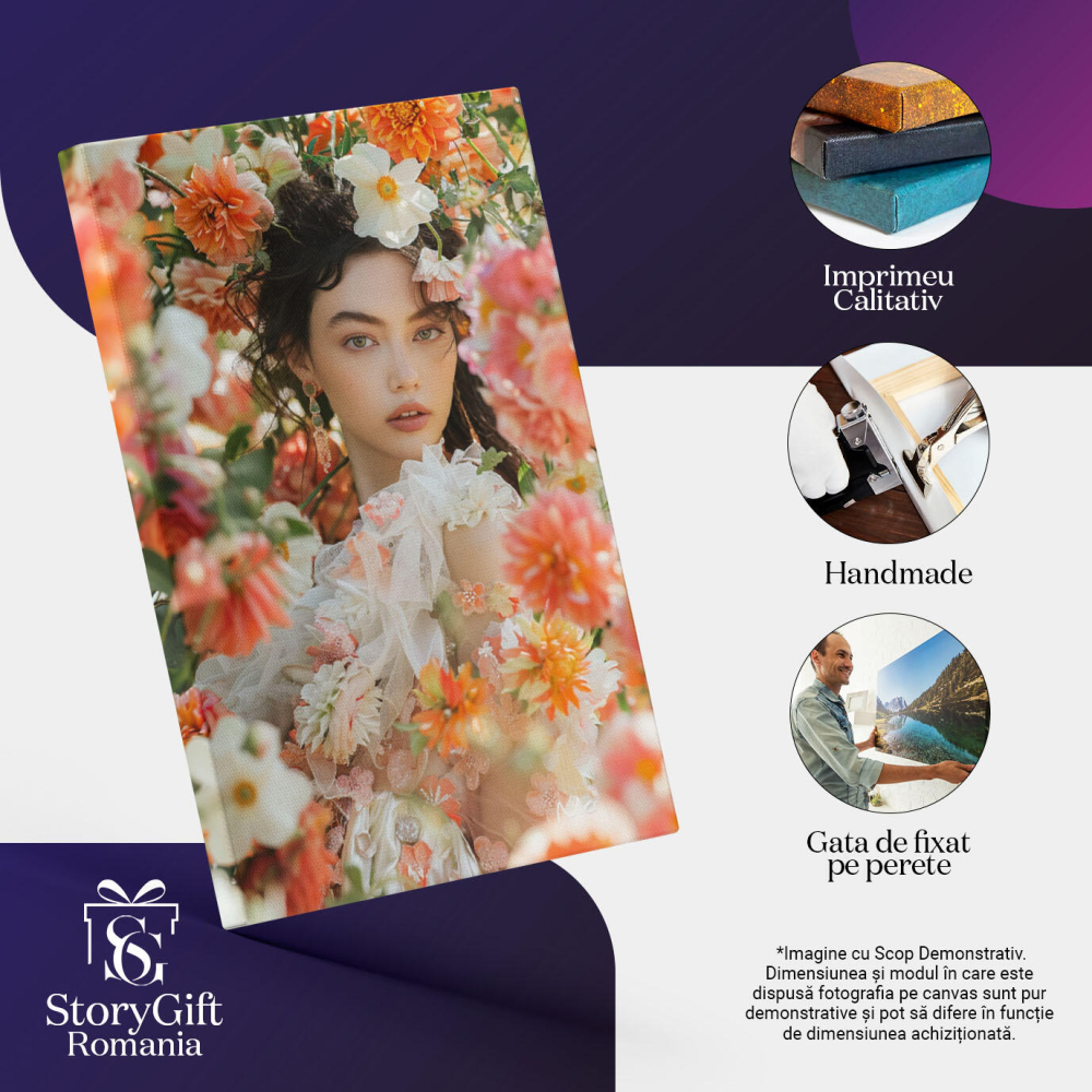 Tablou Canvas:  Model Feminin în Cadru Delicat cu Multe Flori- Feminitate și Eleganță Pictura Digitala 40x25CM [3]