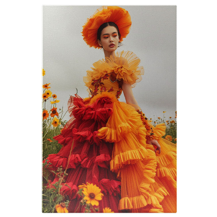 Tablou Canvas:  Model Feminin în Câmp cu Flori și Rochie Voluminoasă Bicolorată- Design Vestimentar Pictura Digitala 40x25CM [1]