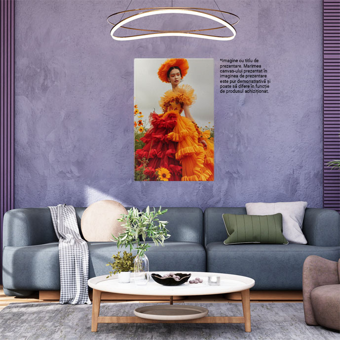 Tablou Canvas:  Model Feminin în Câmp cu Flori și Rochie Voluminoasă Bicolorată- Design Vestimentar Pictura Digitala 40x25CM [2]