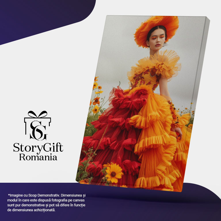 Tablou Canvas:  Model Feminin în Câmp cu Flori și Rochie Voluminoasă Bicolorată- Design Vestimentar Pictura Digitala 40x25CM [5]