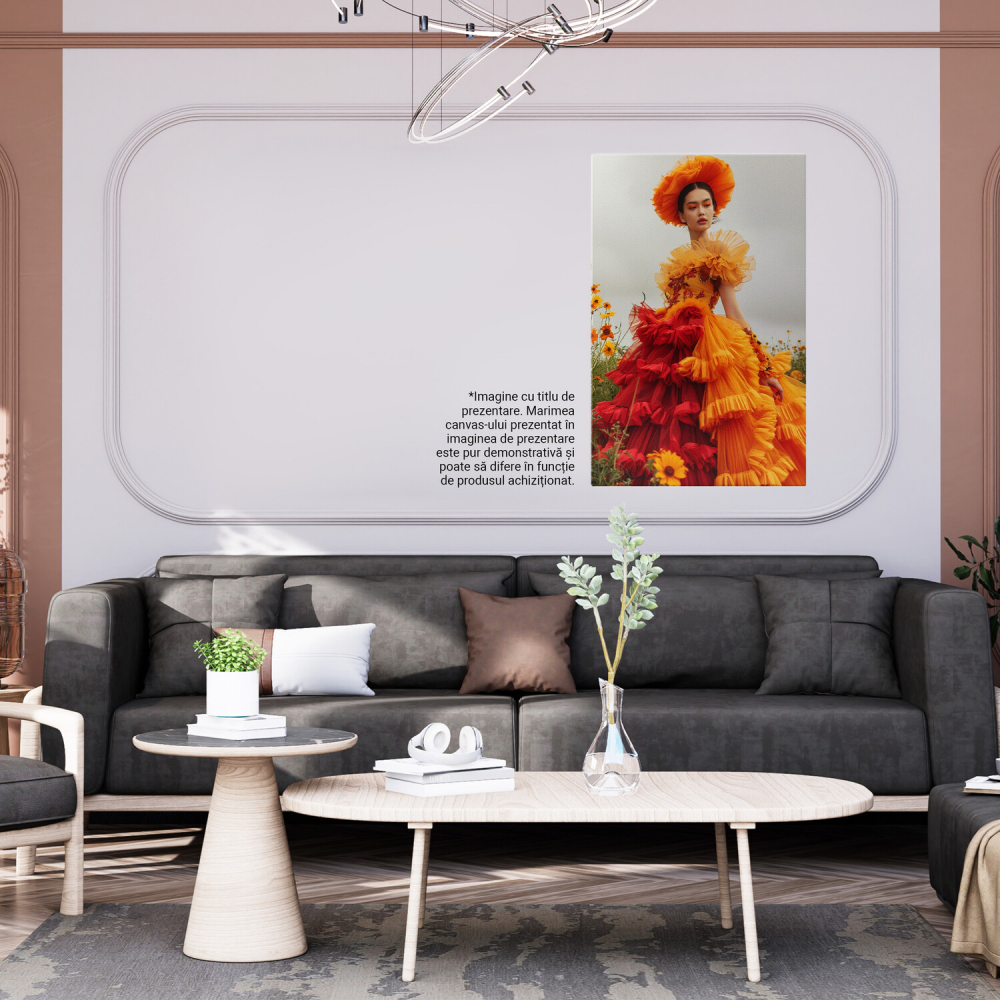 Tabloul canvas cu model feminin în câmp cu flori și rochie voluminoasă bicolorată, Marime 40x25CM [4]