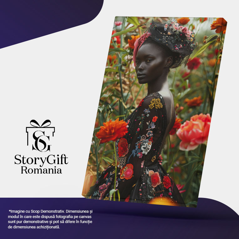 Tablou Canvas:  Model Feminin Mulatru din Profil în Lan cu Flori Colorate- Fotografie Artistică și Eleganță Pictura Digitala 40x25CM [5]