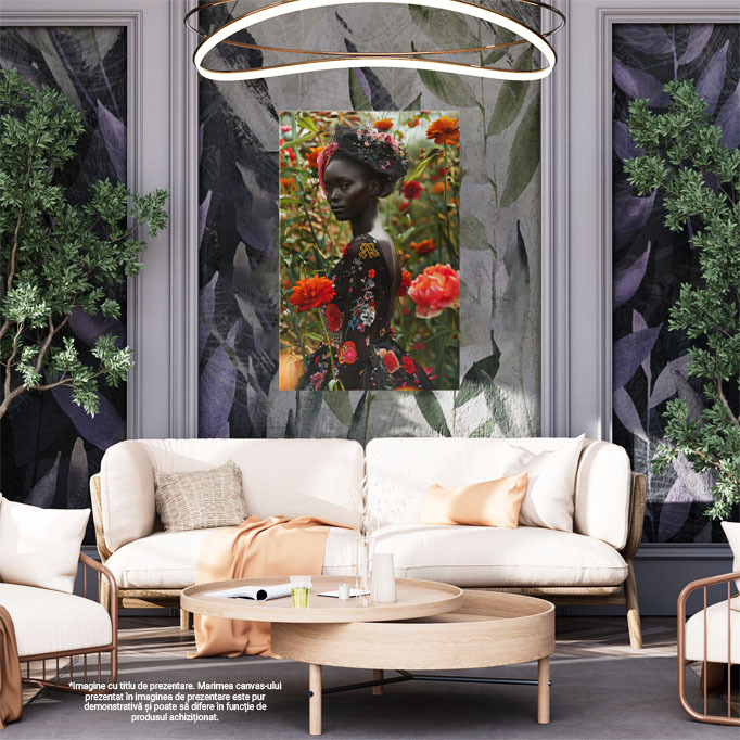 Tablou Canvas:  Model Feminin Mulatru din Profil în Lan cu Flori Colorate- Fotografie Artistică și Eleganță Pictura Digitala 40x25CM [2]