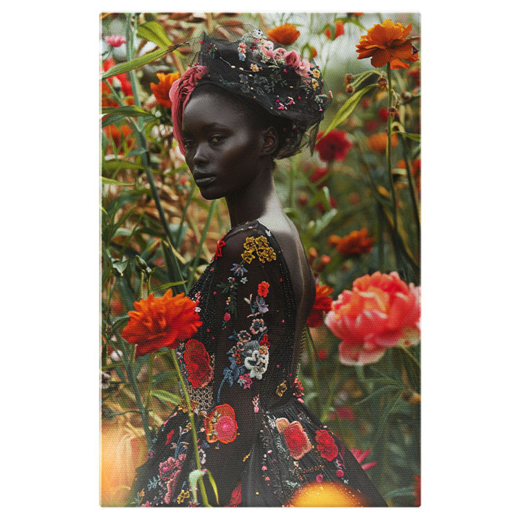 Tablou Canvas:  Model Feminin Mulatru din Profil în Lan cu Flori Colorate- Fotografie Artistică și Eleganță Pictura Digitala 40x25CM [1]