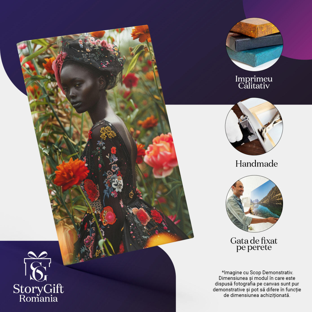 Tablou Canvas:  Model Feminin Mulatru din Profil în Lan cu Flori Colorate- Fotografie Artistică și Eleganță Pictura Digitala 40x25CM [3]