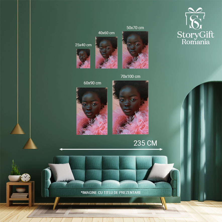 Tablou Canvas Modelul de Culoare Pozează În Rochie Roz din Pene cu Stil Portre Close Up , Pictura Digitala 40x25CM [4]